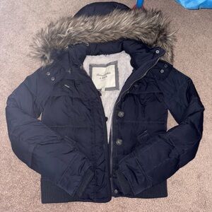 Abercrombie & Fitch Navy Blue Puffer Jacket w/ Fur Hood